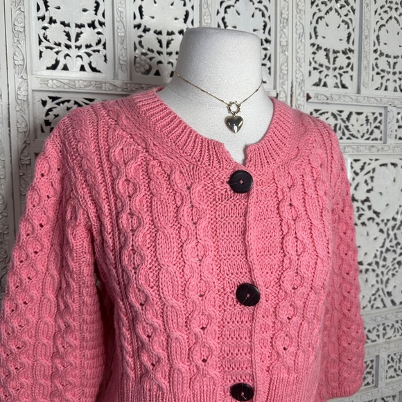 Kilronan Knitwear Merino Wool Ireland Pink Chunky Knit Babydoll Cardigan Sz XS - Picture 2 of 8